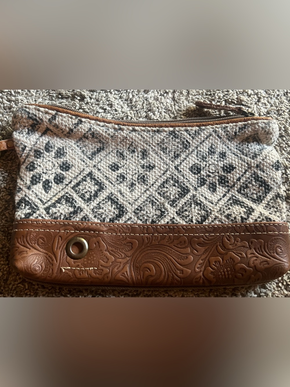 Myra Bag Design Play Pouch with Brown Embossed Trim wristlet Boho Canvas